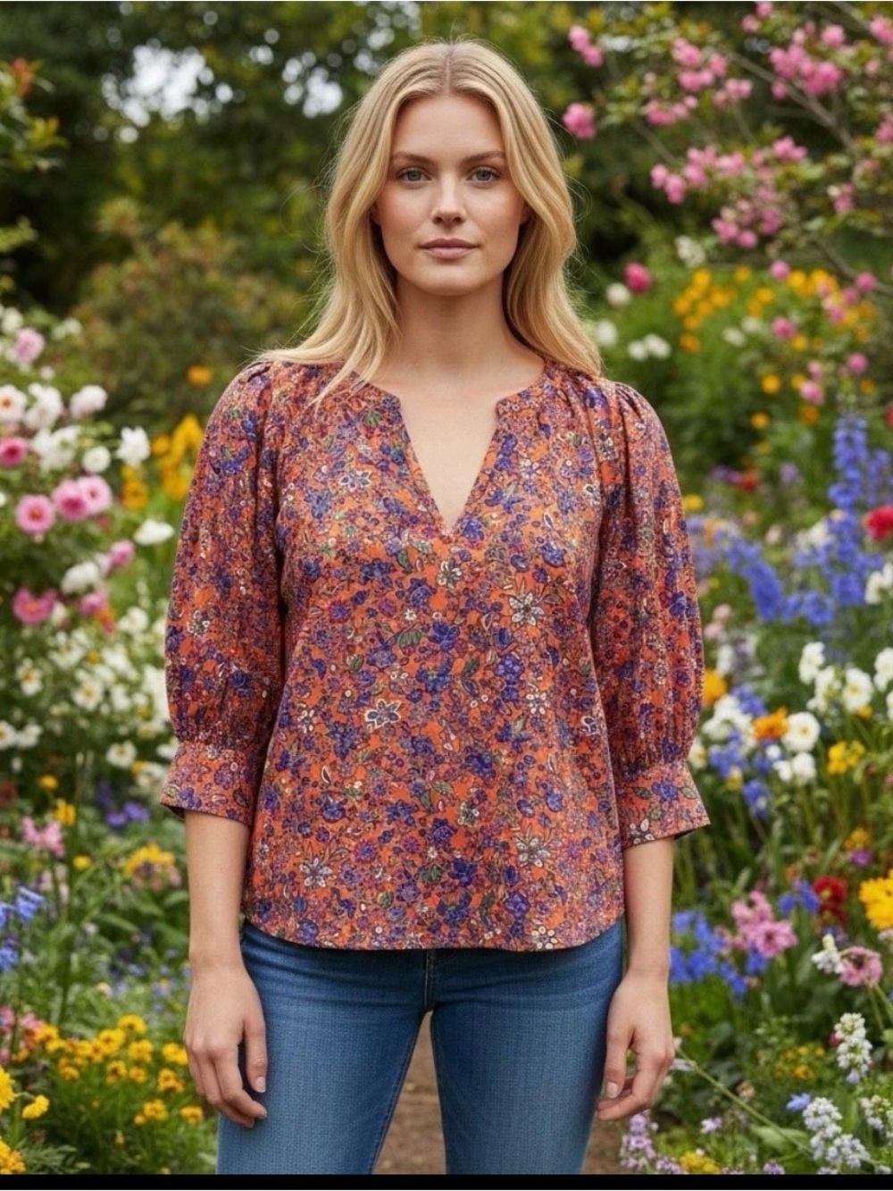 Universal Thread Floral Puff Sleeve Boho V-Neck Blouse Coral Orange Top | Size L
